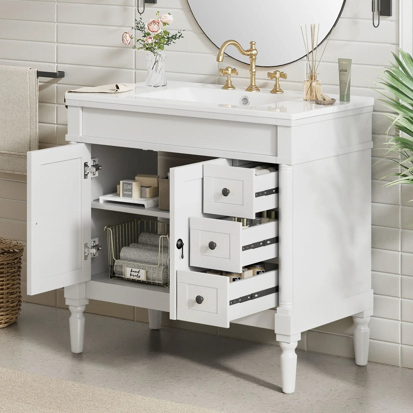 Bathroom Vanity With Ceramic Sink, 2 Doors 3 Drawers, Soft Close Design by Unique Piece Furniture