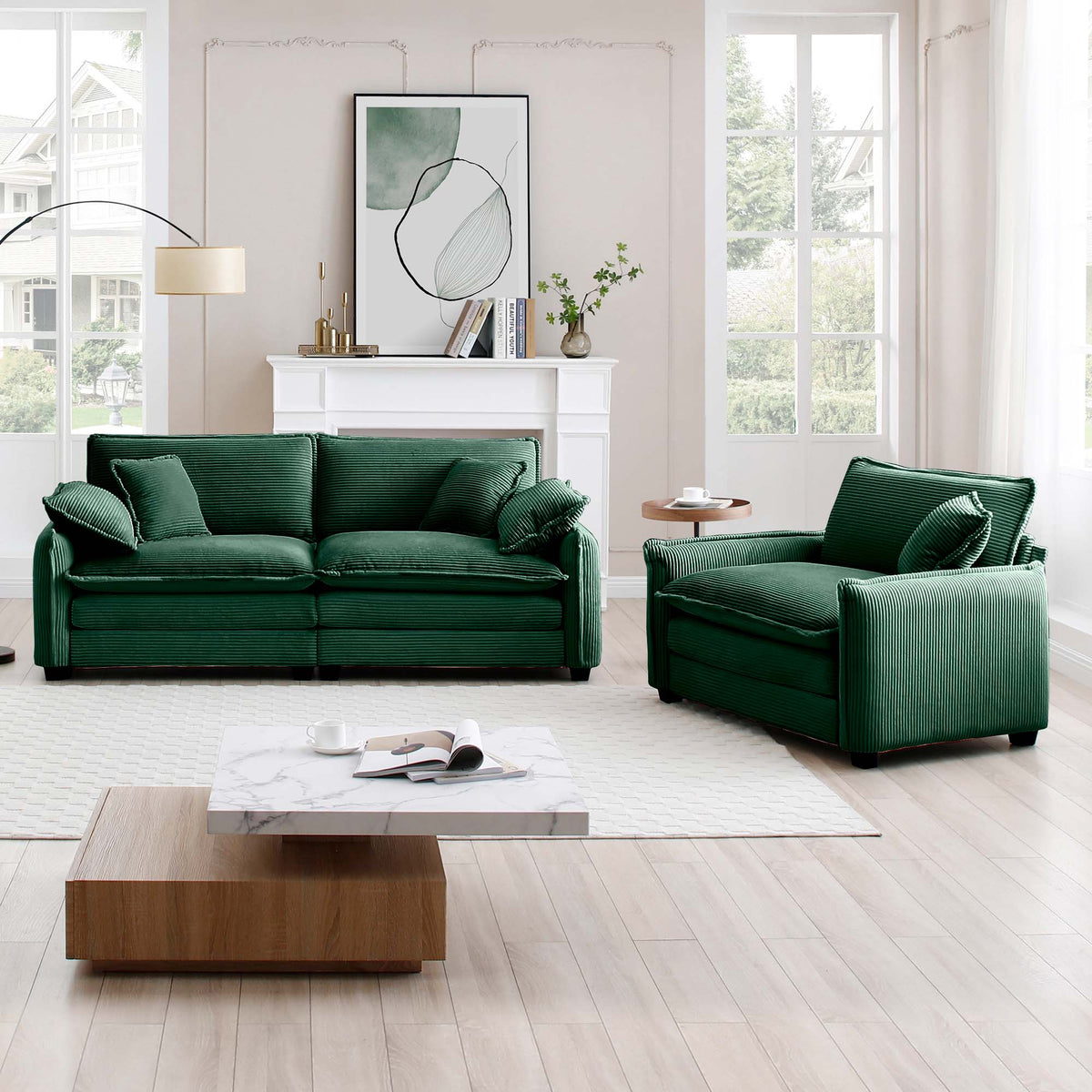 Modern Corduroy Sofa Set with Two Pieces - Grey or Green, photo 2 of 10
