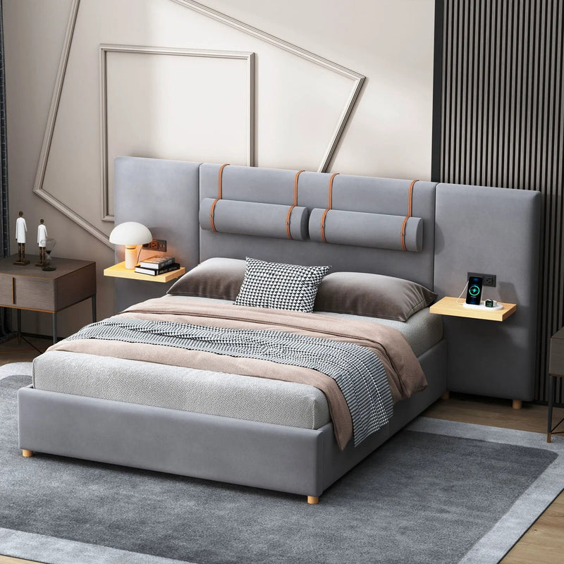 Upholstered Platform Bed, 2 Outlets And USB Charging Ports On Both Sides, 2 Bedside Pillows, Storage Shelves by HouseOfZazla