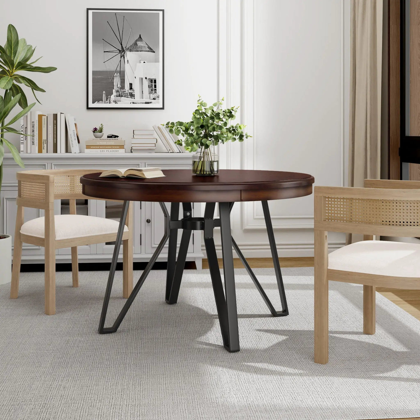 Mid Century Modern Round Dining Table with Metal Legs and Open Shelf by HouseOfZazla