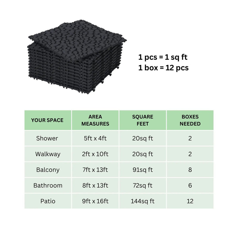 Interlocking Deck Tiles Plastic Waterproof Outdoor All Weather Anti-Slip Bathroom Shower Balcony Porch Strong Weight Capacity Upto 440 Lbs, Pebble Stone Pattern by HouseOfZazla