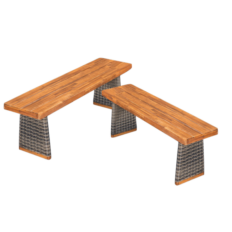 Outdoor Acacia Wood Bench (Set of 2) - Teak Finish, photo 4 of 10