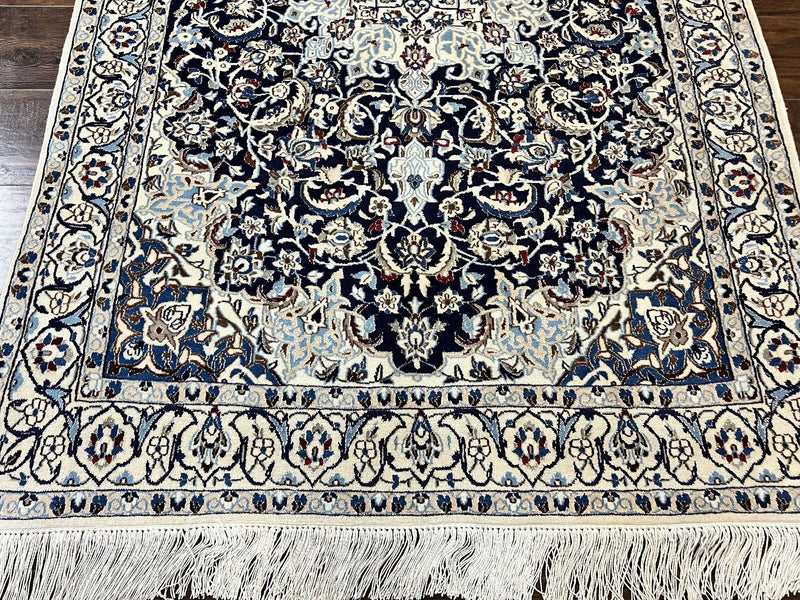 Persian Nain Rug 4x6, Floral, Hand Knotted Vintage Wool & Silk Highlights, Signature from Masterweaver, Navy Blue and Ivory by Jewel Rugs