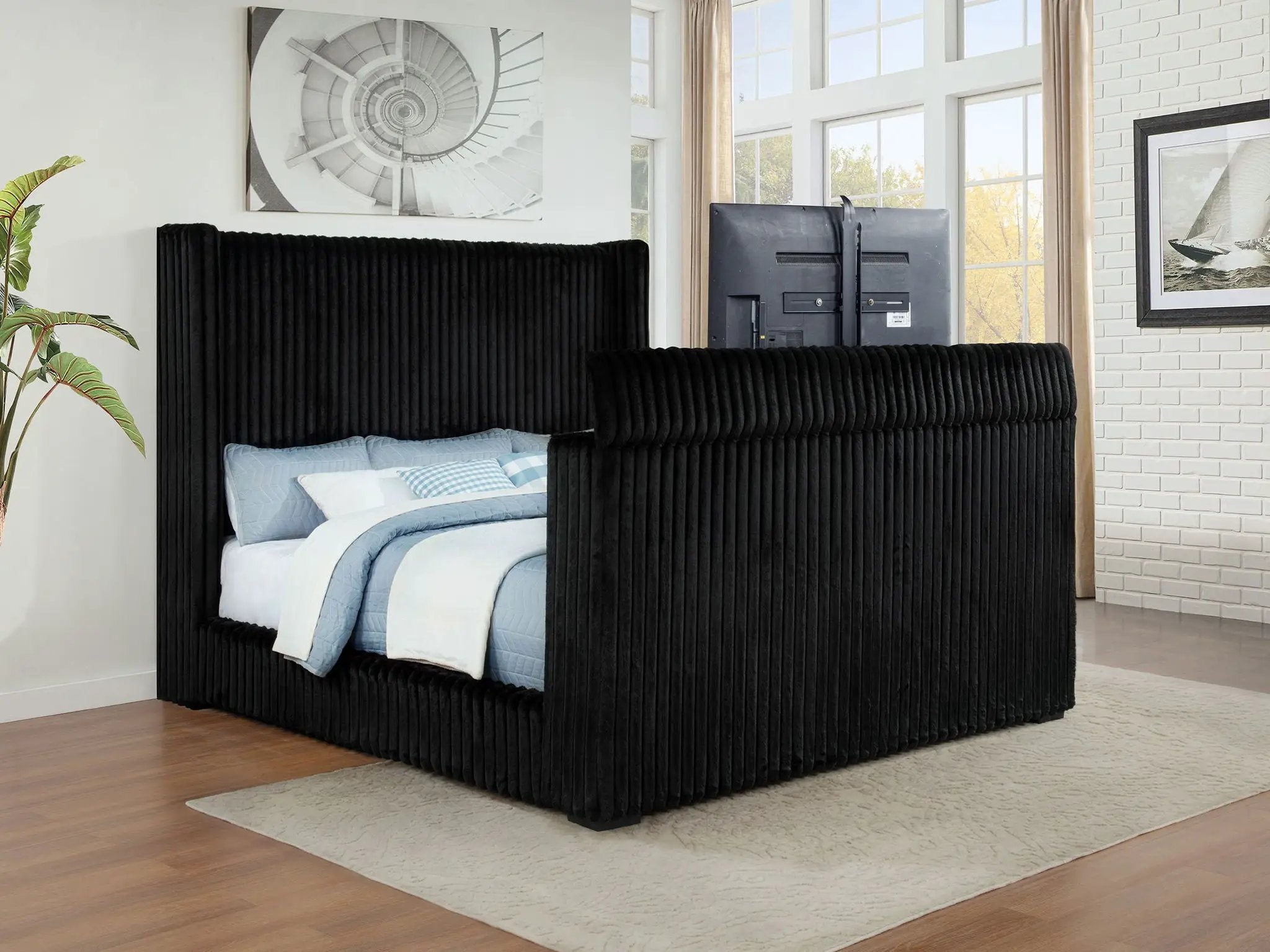 Centergrove Upholstered California King Wingback TV Bed Black by Unique Piece Furniture