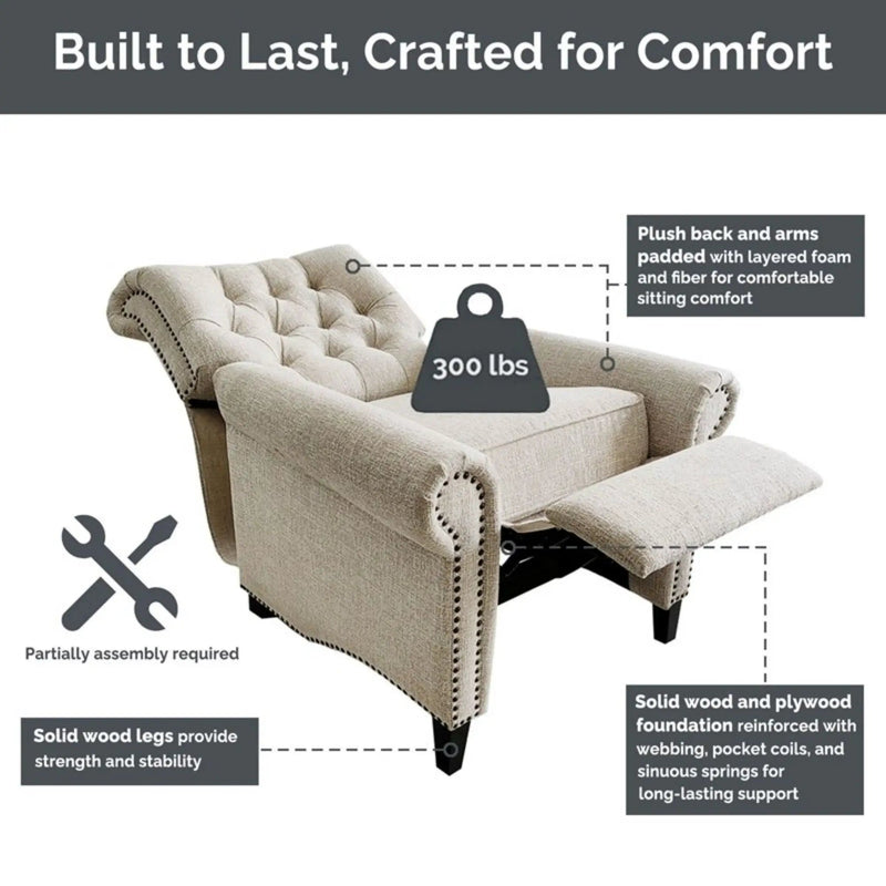 Aidan - Push Back Recliner Chair With Tufted Back And Nailhead Trim - Cream by Unique Piece Furniture