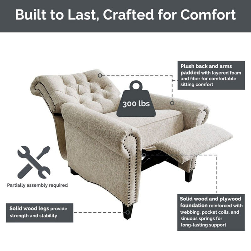 Cream Push Back Recliner Chair with Tufted Back and Nailhead Trim, photo 4 of 15
