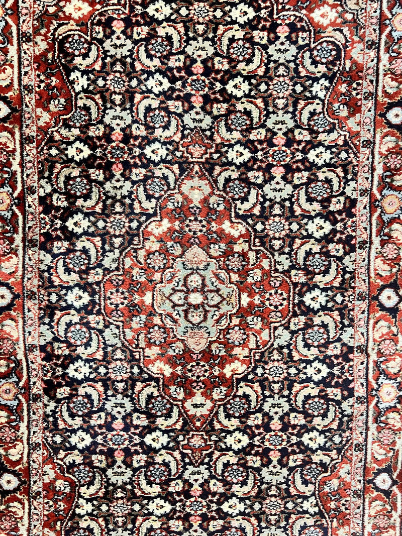 Indo Persian Rug 3x4, Herati Allover Pattern, Midnight Blue and Red, Small Vintage Handmade Wool Rug by Jewel Rugs