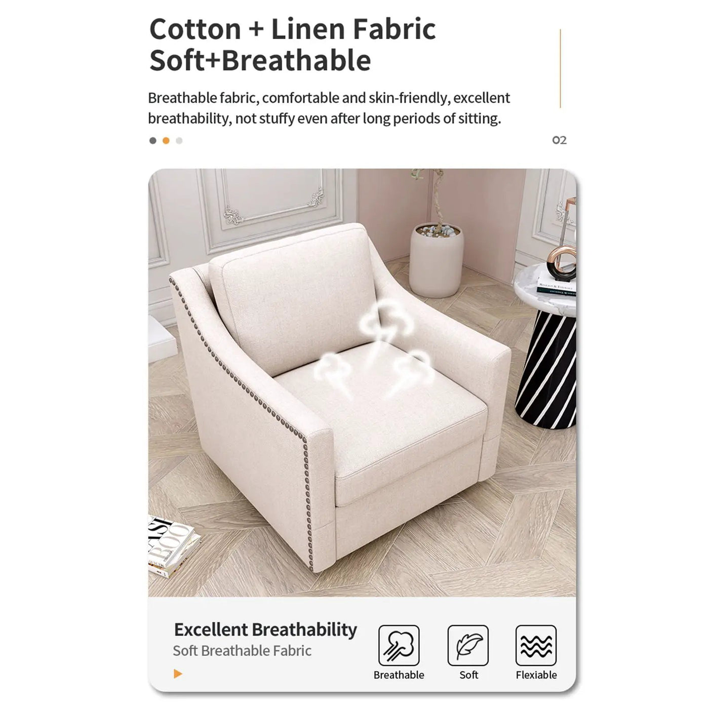 360 Degree Swivel Armchair, Skin Friendly Fabric, Ergonomic Design, Brass Nail Decorative Armchair by HouseOfZazla