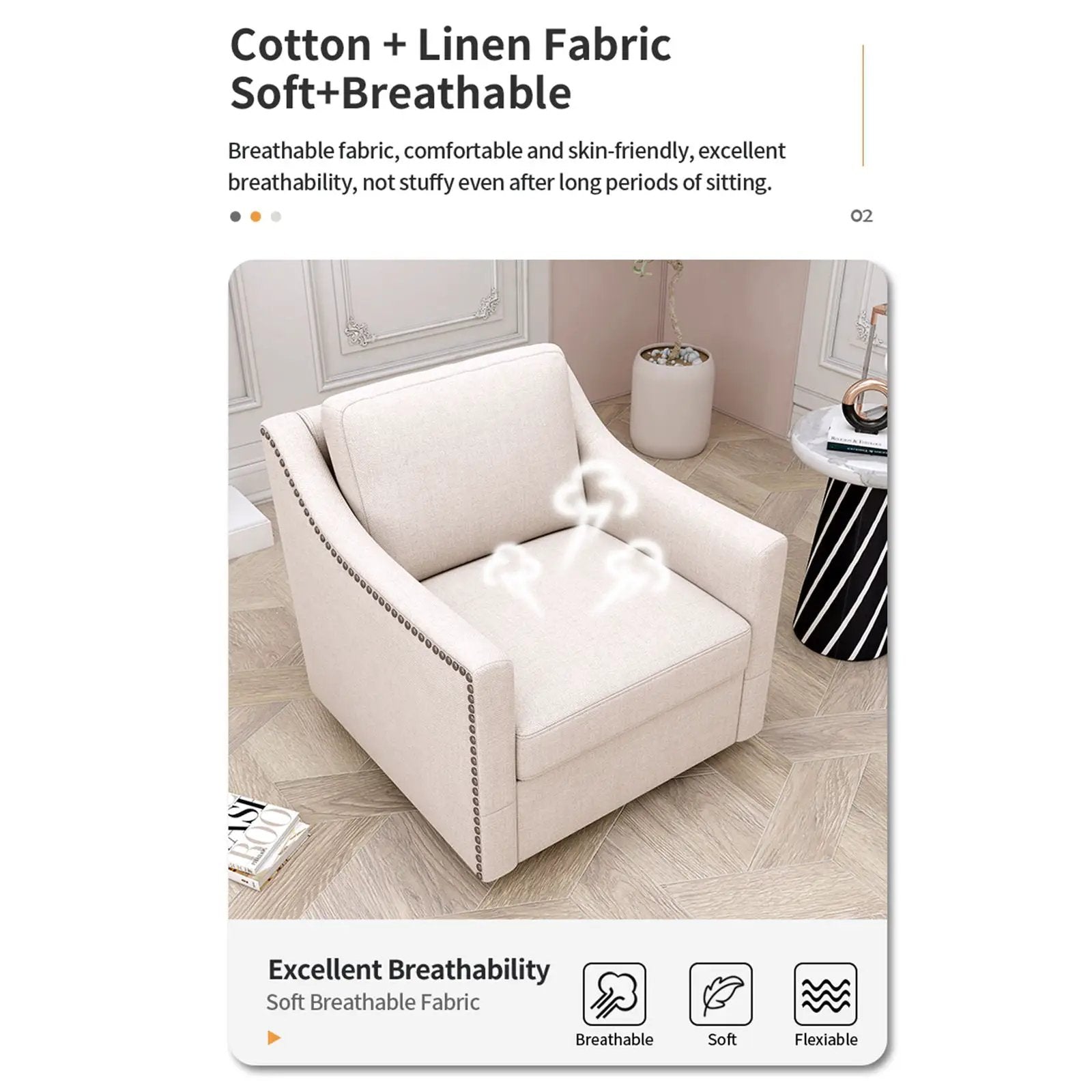 360 Degree Swivel Armchair, Skin Friendly Fabric, Ergonomic Design, Brass Nail Decorative Armchair by HouseOfZazla