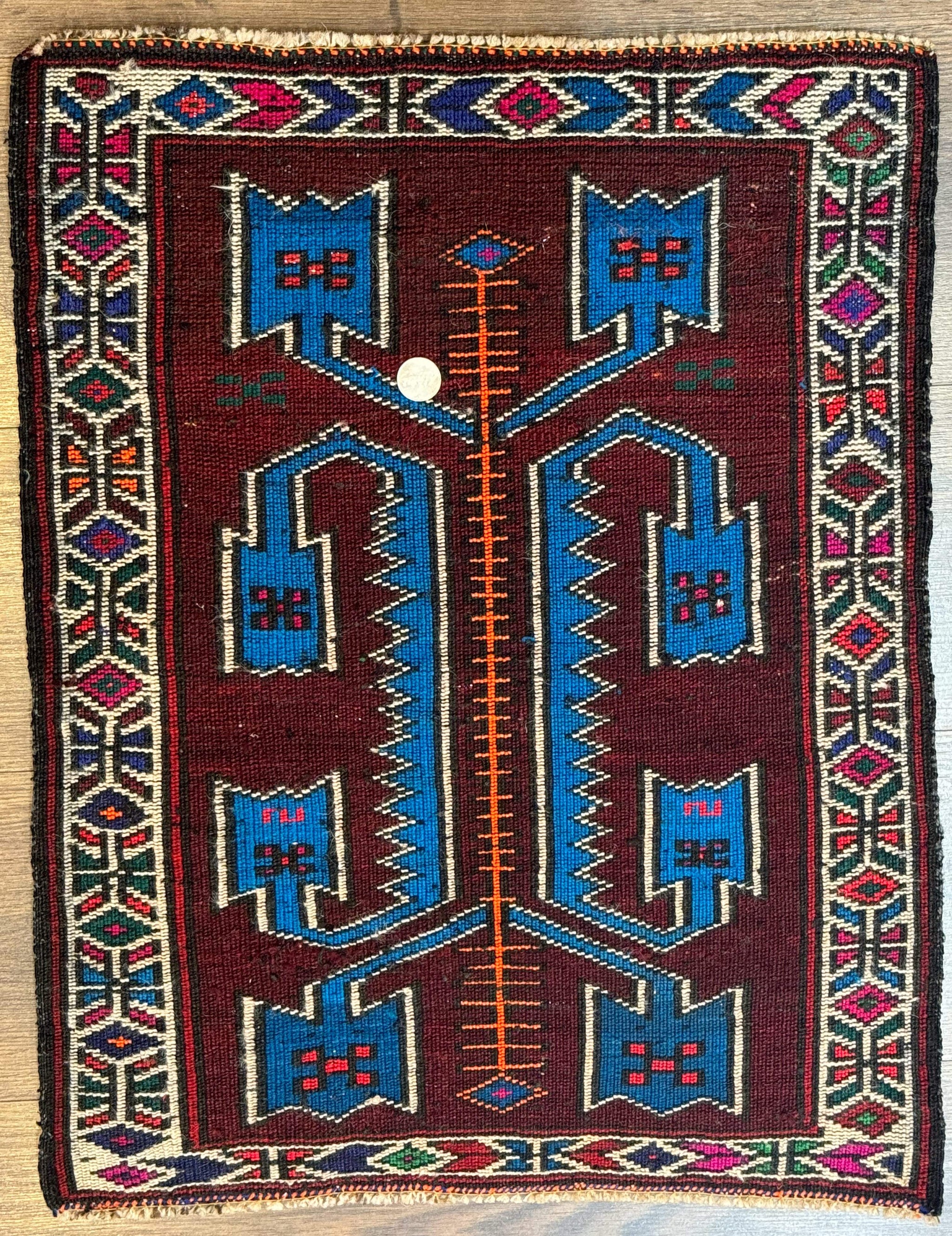Persian Tribal Rug 1.8 x 2, Small Balouchi Rug, Unique Design, Burgundy and Blue by Jewel Rugs