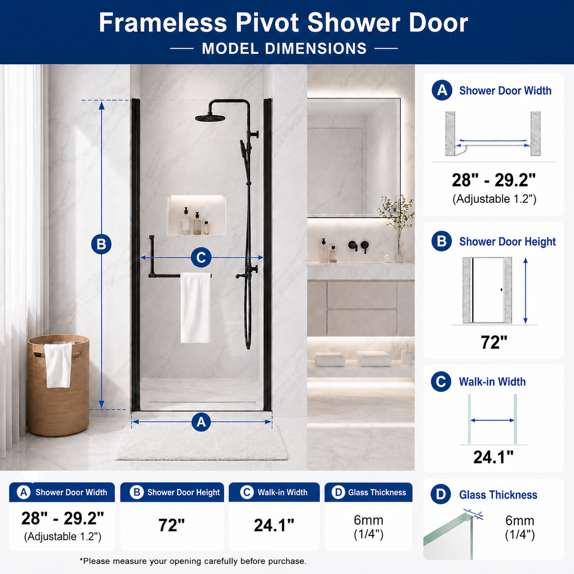 28"-29.2" x 72" Semi-Frameless Pivot Shower Door by HouseOfZazla