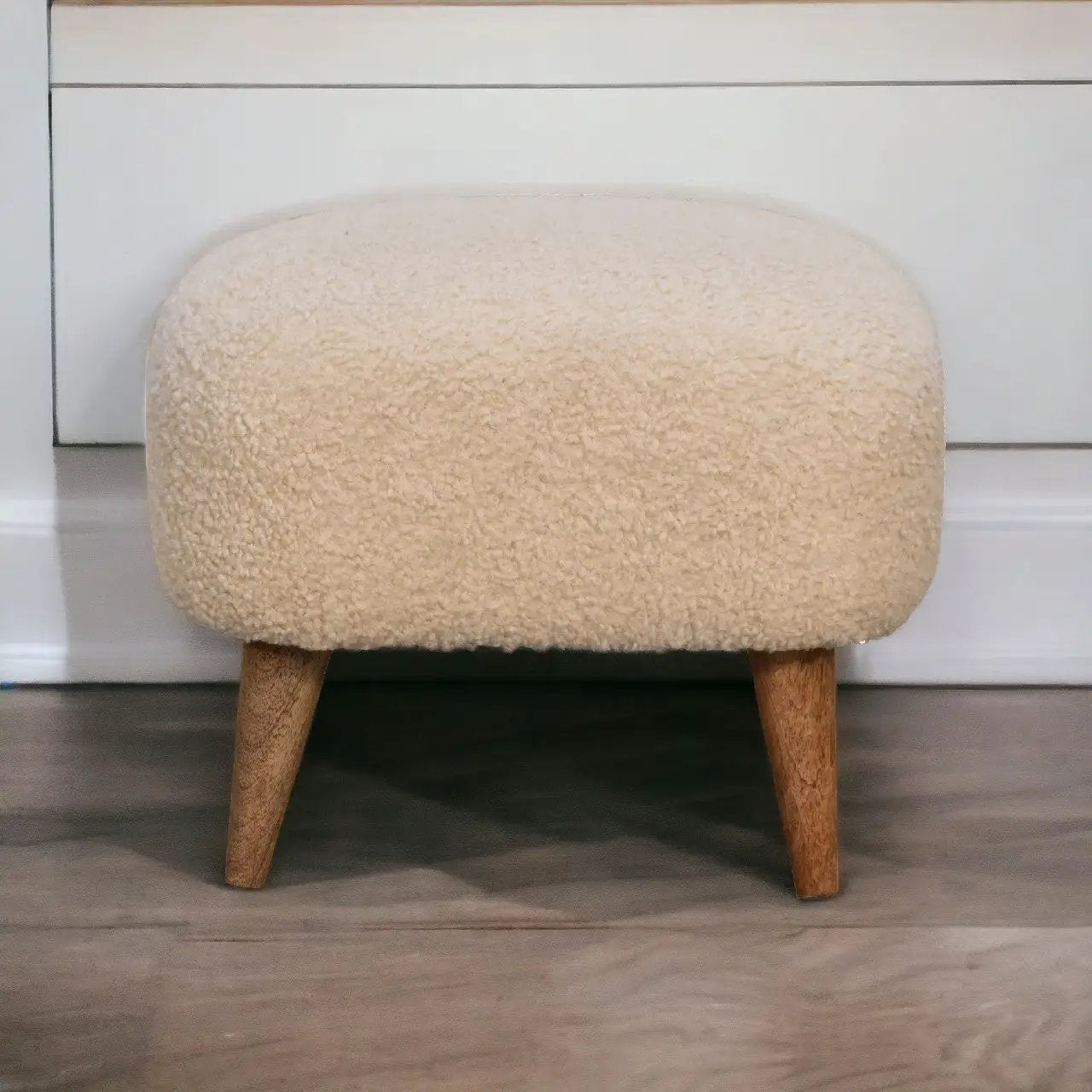 Solid Wood Boucle Upholstered Square Footstool by HouseOfZazla