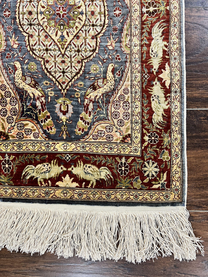 Silk Turkish Hereke Rug 2x3, Peacocks Birds, Signature from Master Weaver, Super Finely Hand Knotted 550 KPSI, Animal Pictorials by Jewel Rugs