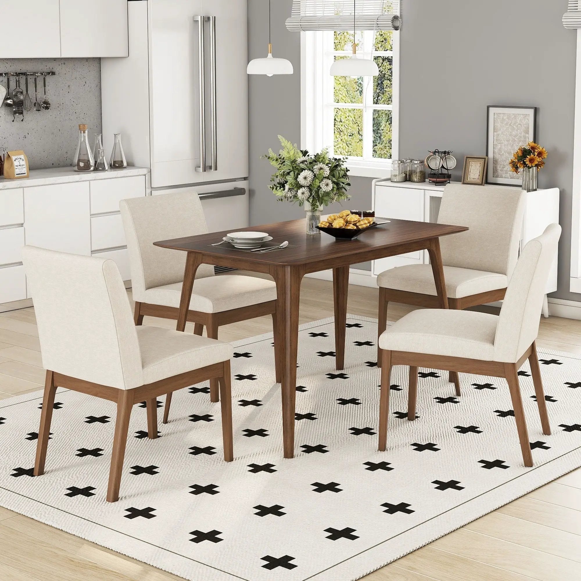 5 Piece Dining Set With 4 Upholstered Chairs - Light Beige / Walnut by HouseOfZazla
