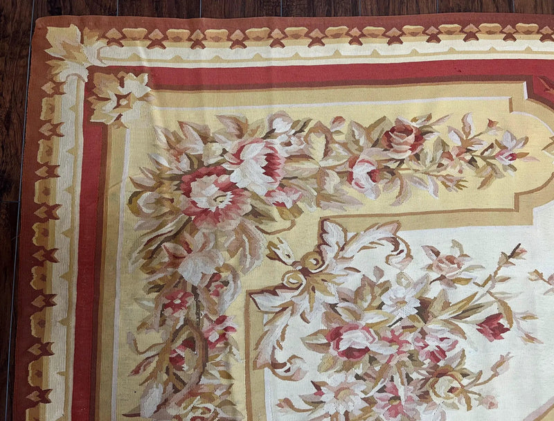 Aubusson Rug 9x12, Elegant Flatweave Savonnerie Carpet 9 x 12 ft, Ivory Light Yellow Red, Handmade Wool Flatweave French European Rug by Jewel Rugs
