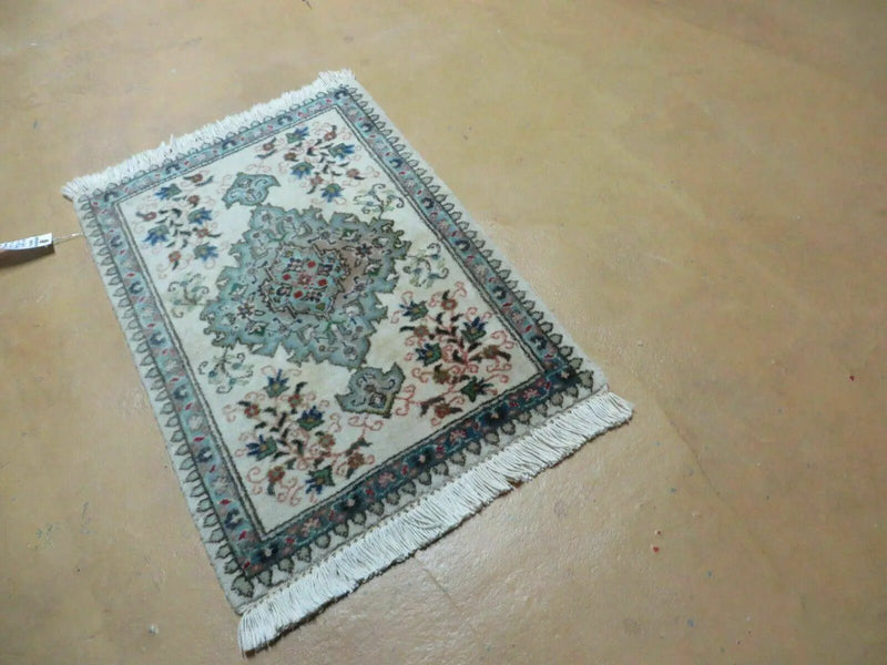 1' 9" X 2' 5" Handmade Indian Wool Rug Lahore Floral Design Small Oriental Rug Beige & Teal by Jewel Rugs