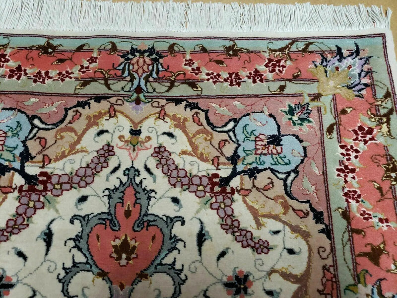 Small Vintage Persian Tabriz Wool and Silk Rug 2.5 x 4 ft, Very Finely Hand Knotted, Medallion, Ivory Salmon Light Blue, Top Quality, Pair A by Jewel Rugs