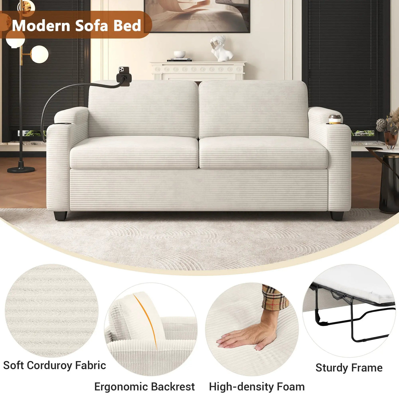 Sleeper Sofa Loveseat Sofa With Full Size Mattress, 2 USB Ports, 2 Cup Holders, 2 Side Pockets And Phone Holder by HouseOfZazla