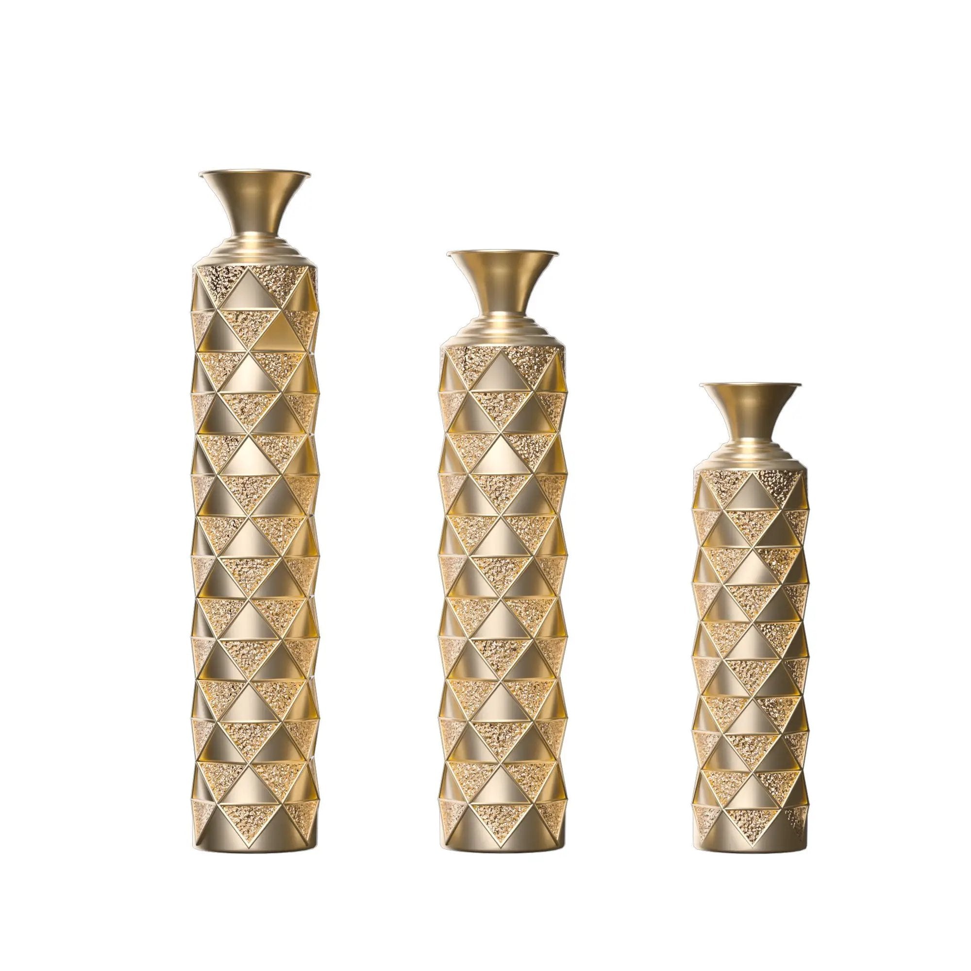 Metal Decorative Vase High Distress Metal Center Vase With 3D Triangle Pattern, (Set of 3) Vases For Home Decoration - Gold by Unique Piece Furniture