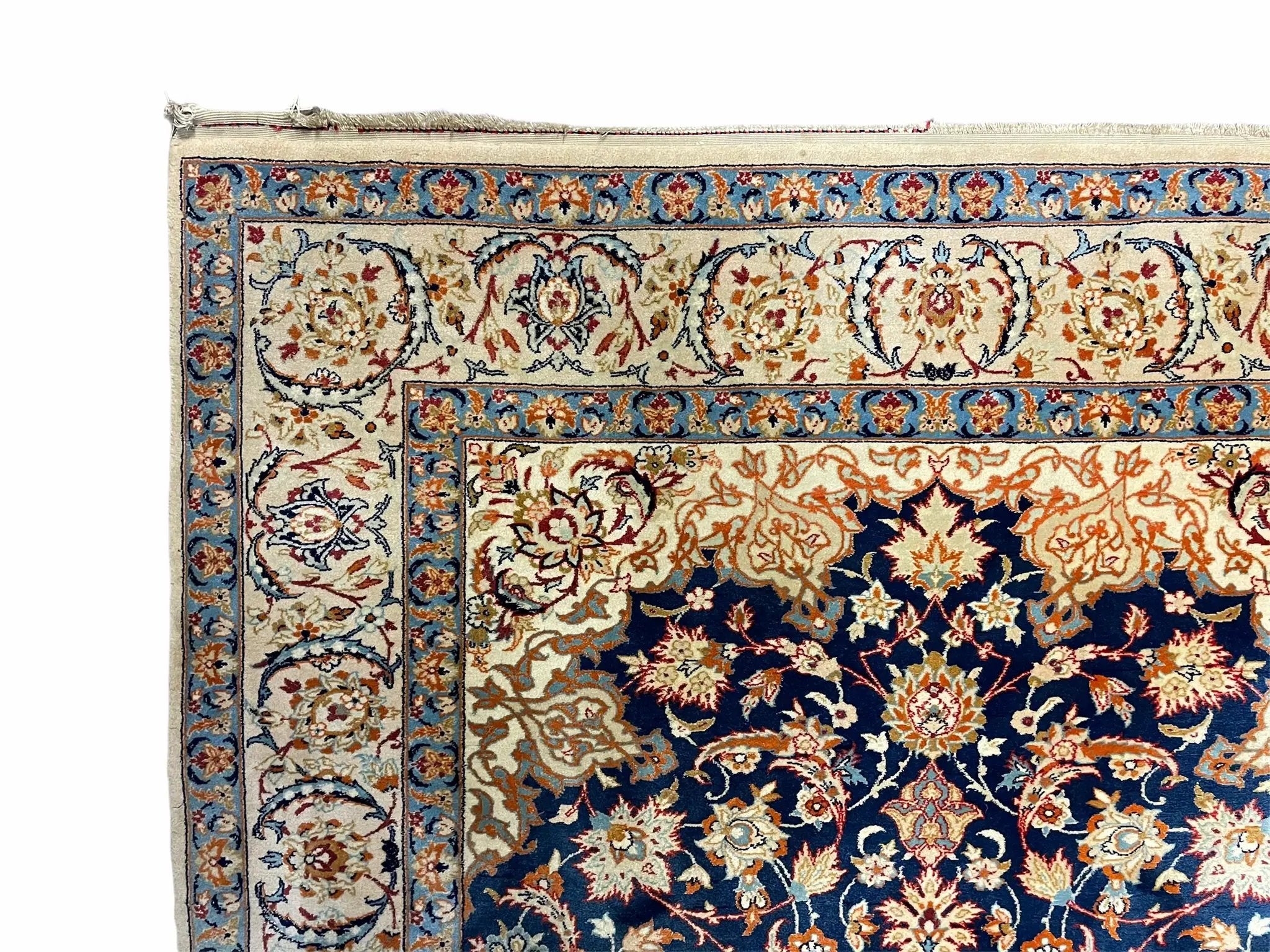 Persian Isfahan Rug 4x5, Navy Blue & Ivory, Wool and Silk Highlights by Jewel Rugs