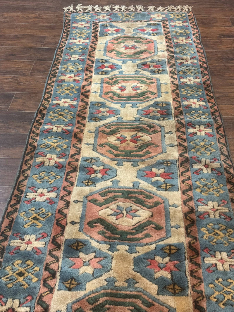 Turkish Kazak Runner Rug 3x11, Cream and Light Blue, Vintage by Jewel Rugs