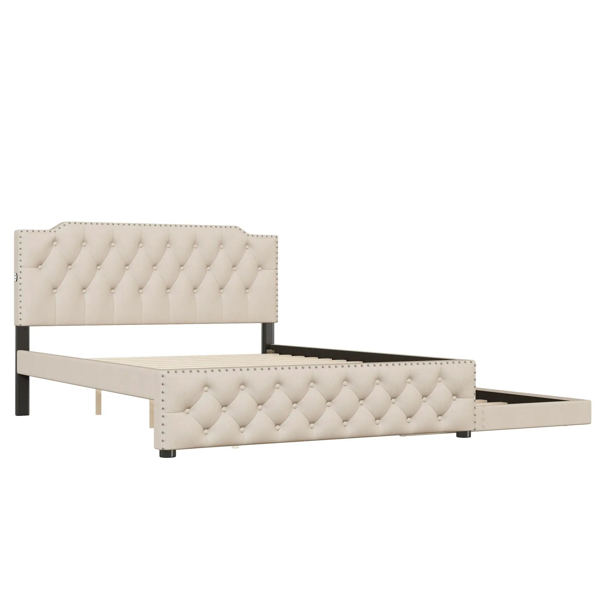 Upholstered Platform Bed With Trundle And 2 Sets Of USB Ports On Each Side, Fabric by HouseOfZazla