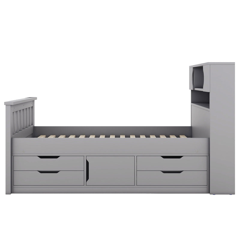 Captain Platform Bed Frame With Storage Bookcases, Shelves, And 4 Drawers