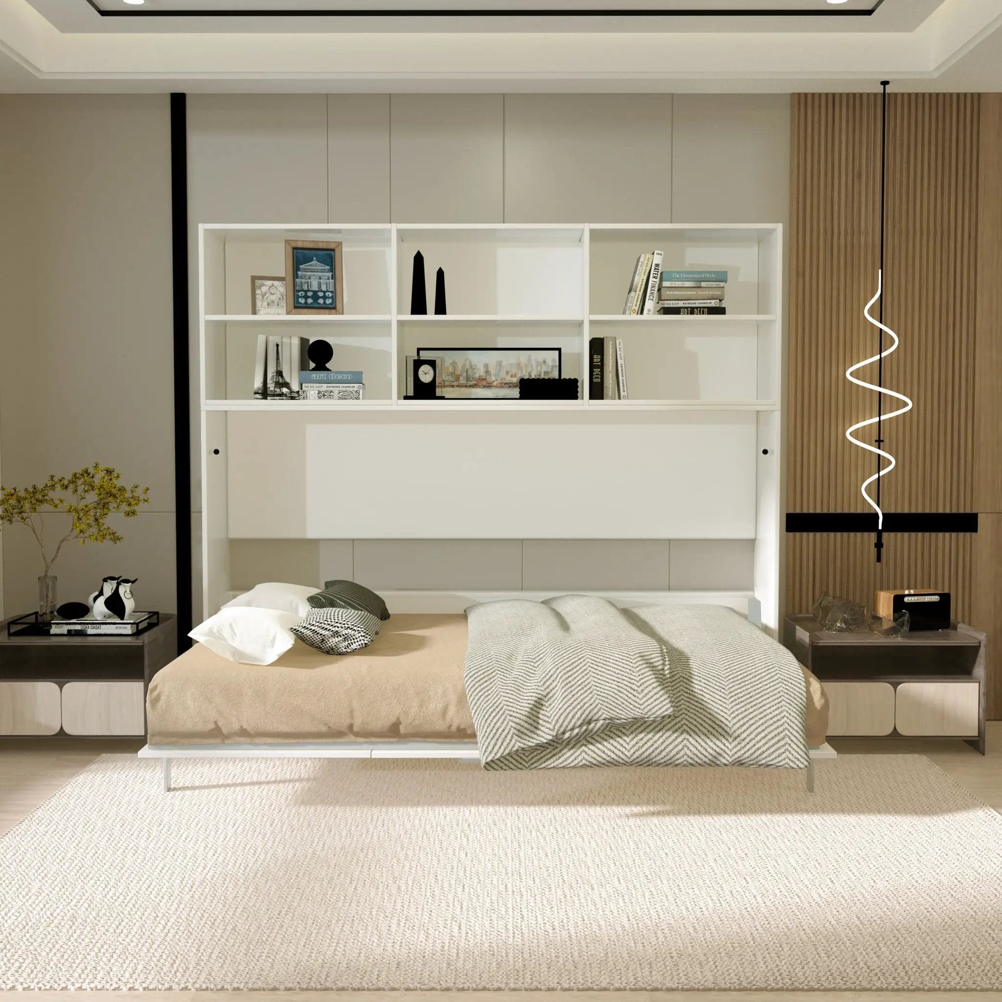 Mordern Design Twin Size Horizontal Murphy Bed With Shelf Storage For Bedroom Or Guestroom Wall Bed Space Saving Hidden Bed With New Style Gas Struts - White by HouseOfZazla