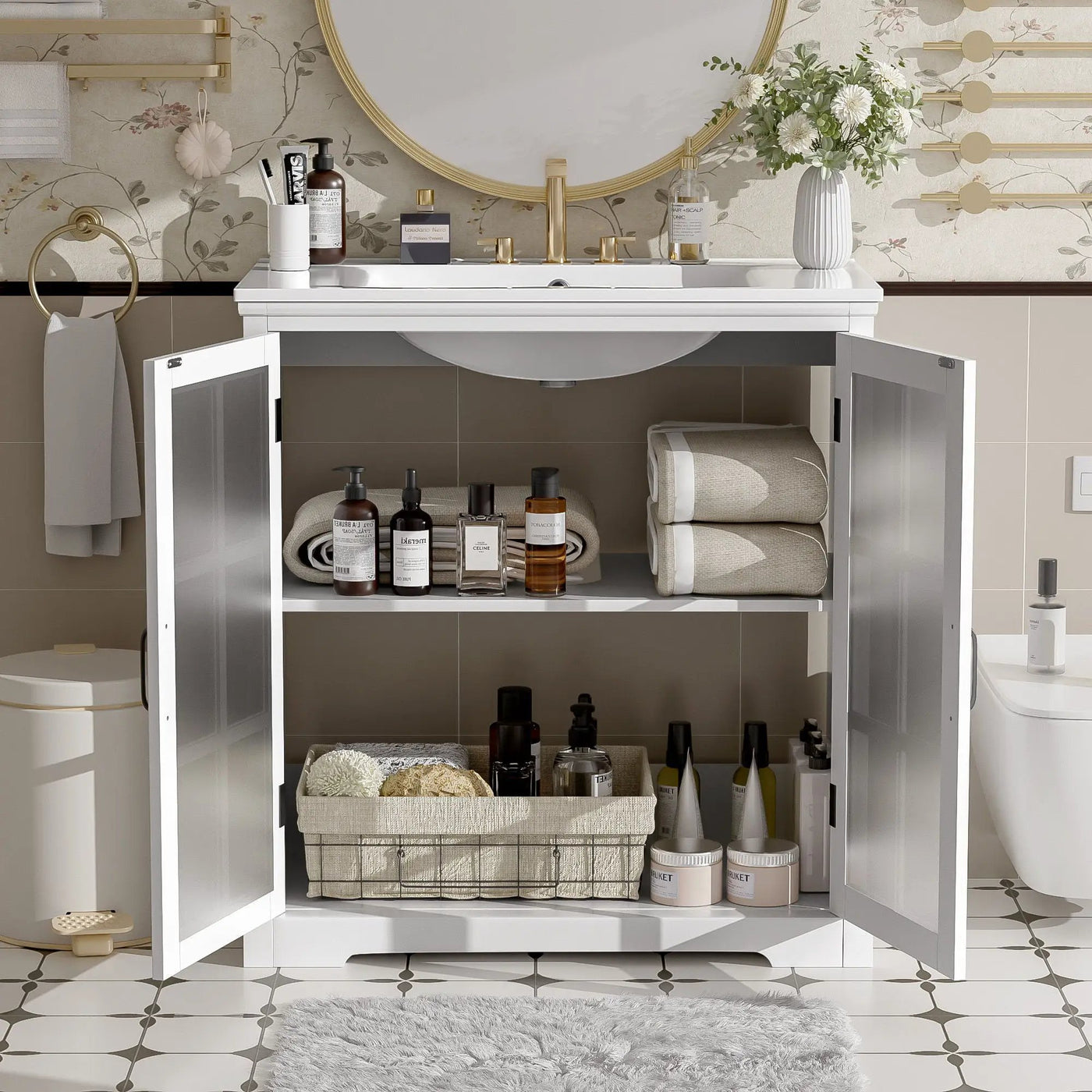 Modern Bathroom Vanity With Ceramic Sink, Tempered Blurred Glass Doors by HouseOfZazla