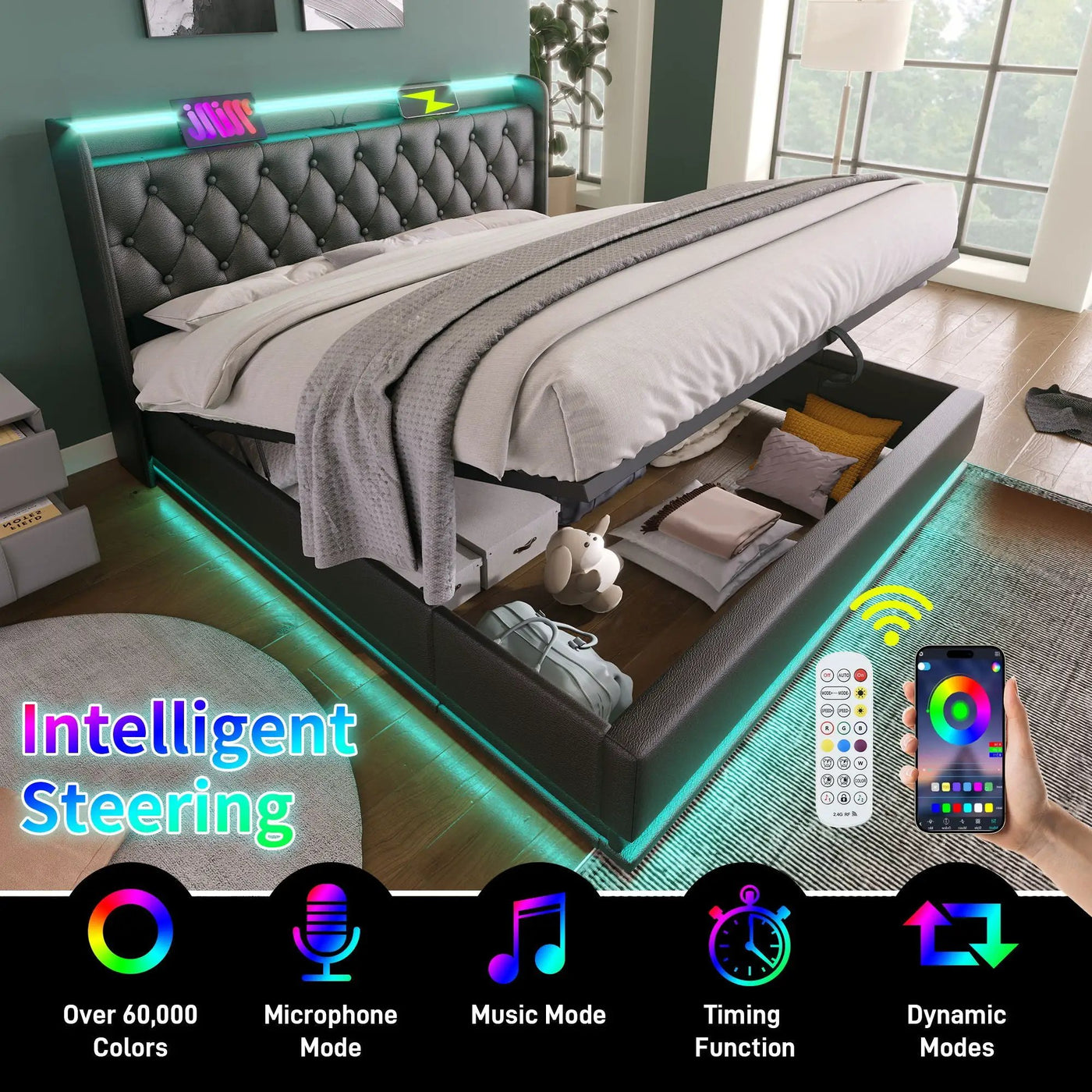 Upholstered Bed, 360 Surround LED Function, Remote Control, Hydraulic Storage Bed With USB, Type-C Charging (Without Mattress) by Unique Piece Furniture