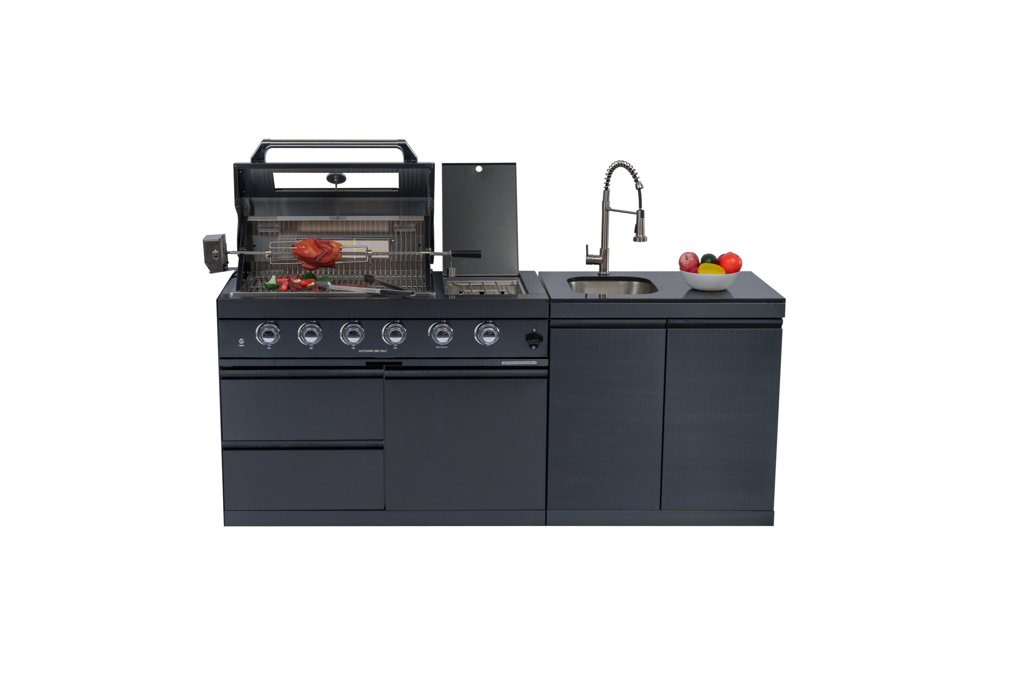 79" 4-Burner 72,000 BTU Black Outdoor Kitchen Island Grill + Side Burner + Rotisserie kit +Sink by Chery Industrial