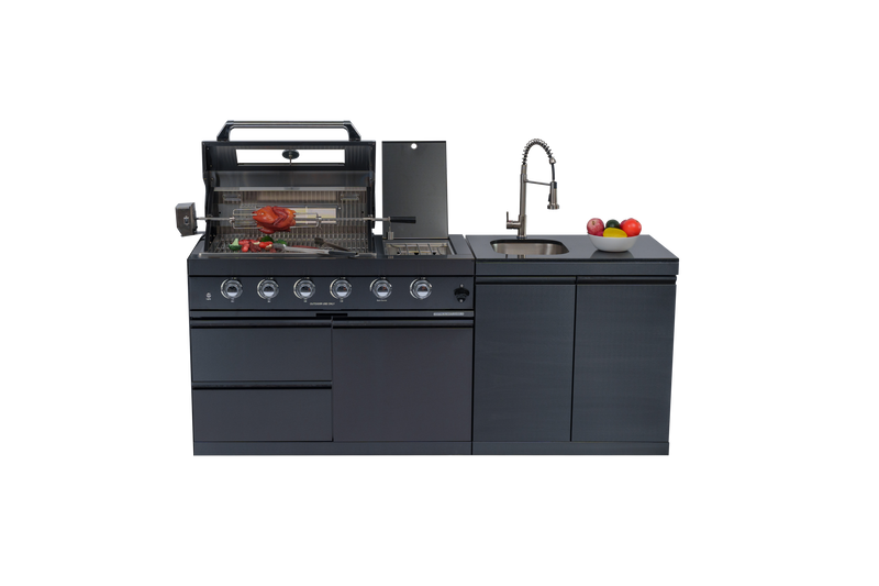 79" 4-Burner 72,000 BTU Black Outdoor Kitchen Island Grill + Side Burner + Rotisserie kit +Sink by Chery Industrial