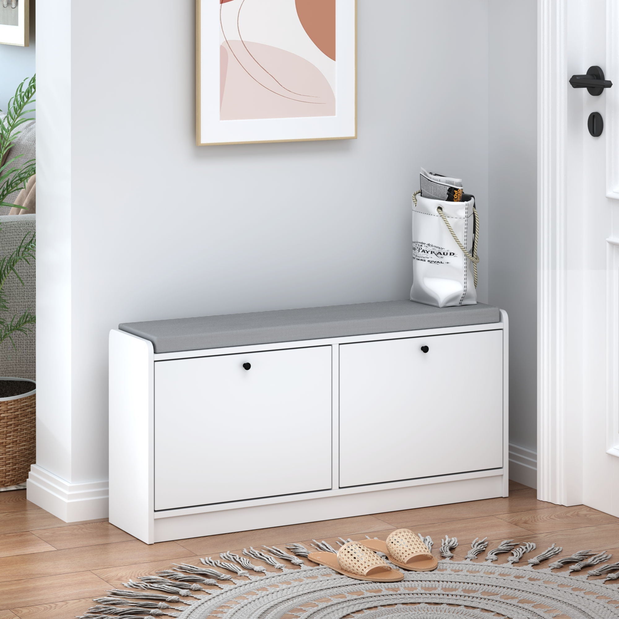 Shoe Storage Bench With Cushion, Entryway Organizer Cabinet For Hallway - White by HouseOfZazla