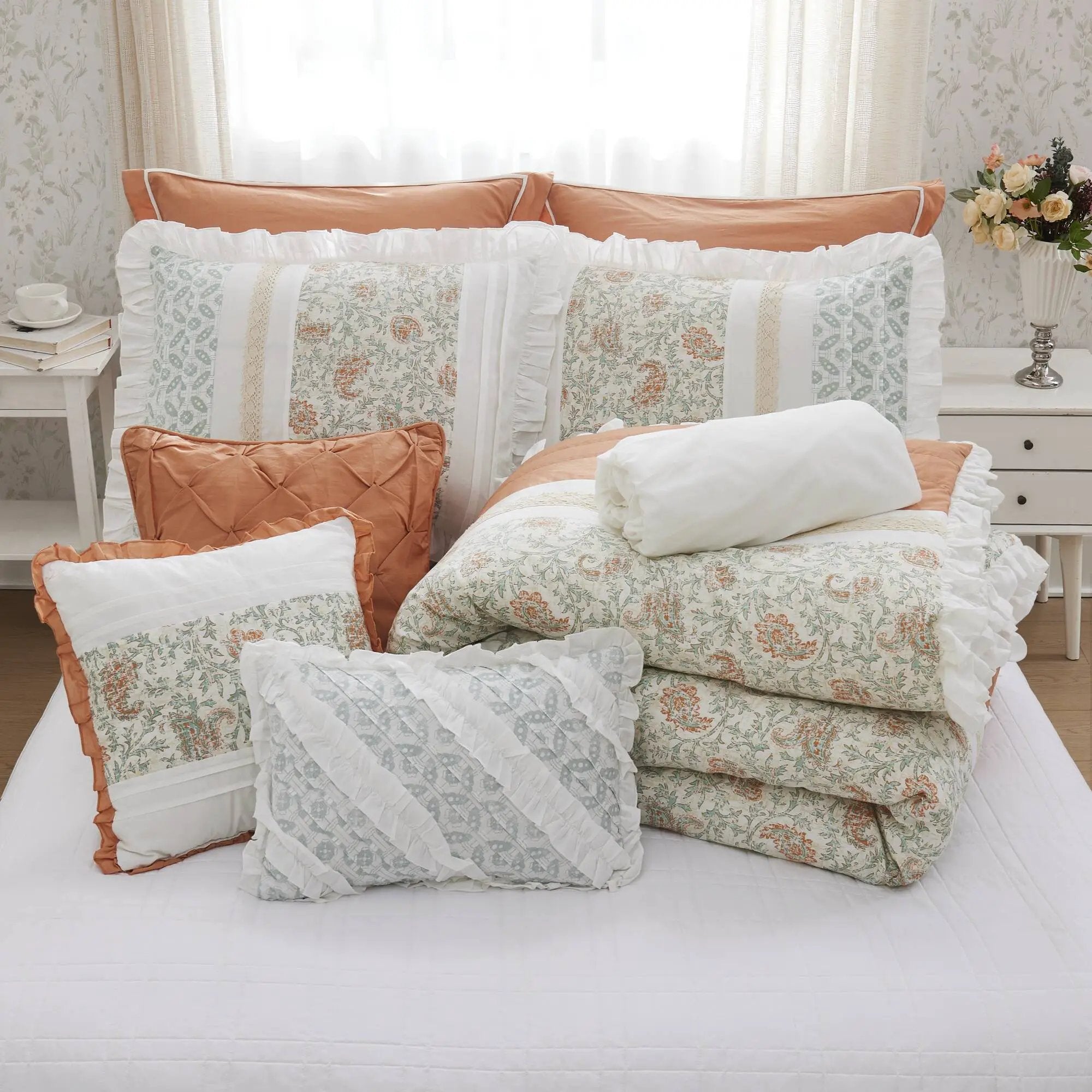 9 Piece Cotton Percale Comforter Set Coral Queen by HouseOfZazla