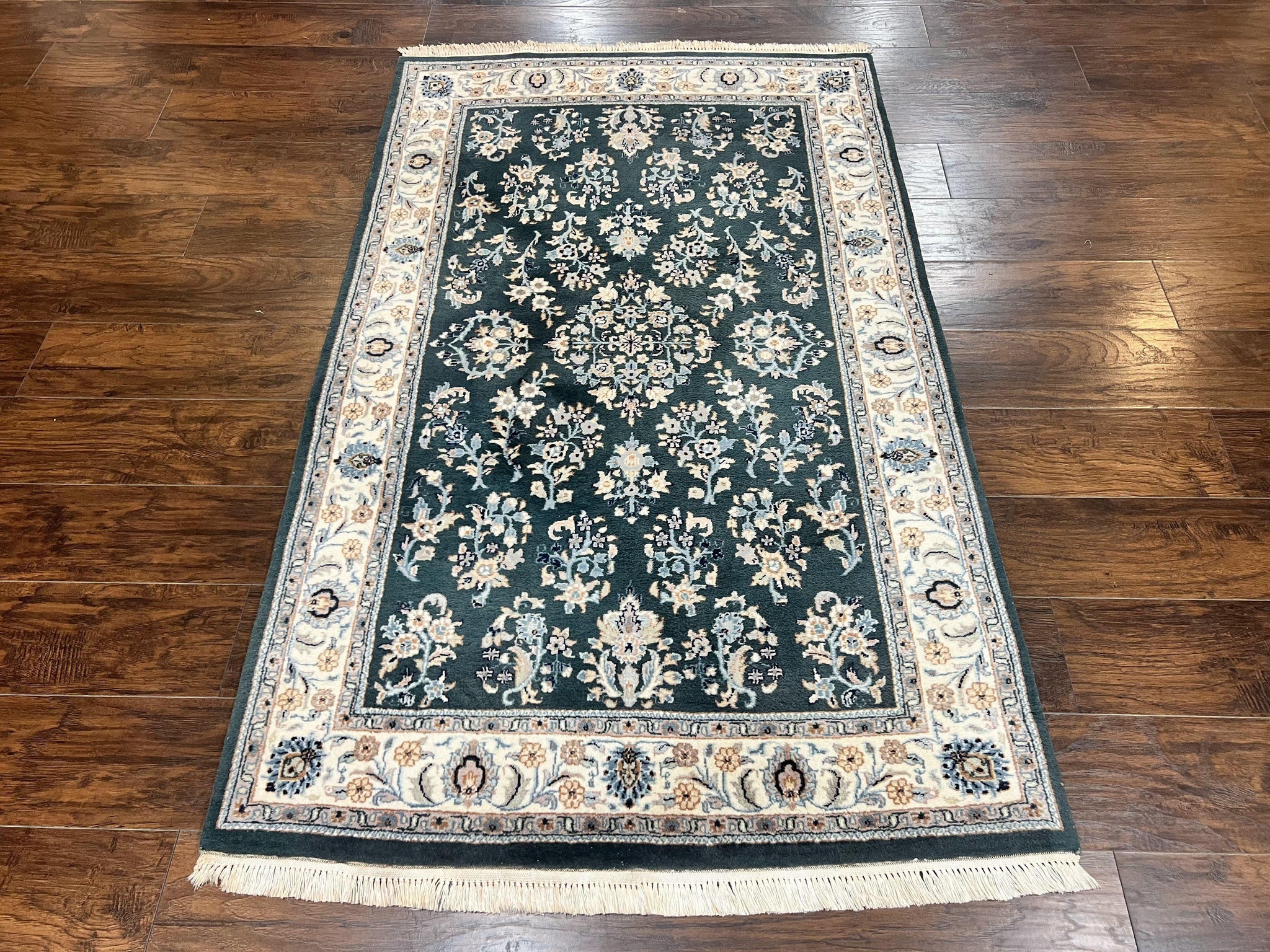 Green Indo Persian Rug 4x6, Floral Allover, Handmade Vintage Oriental Carpet, Sarouk Rug, Wool by Jewel Rugs