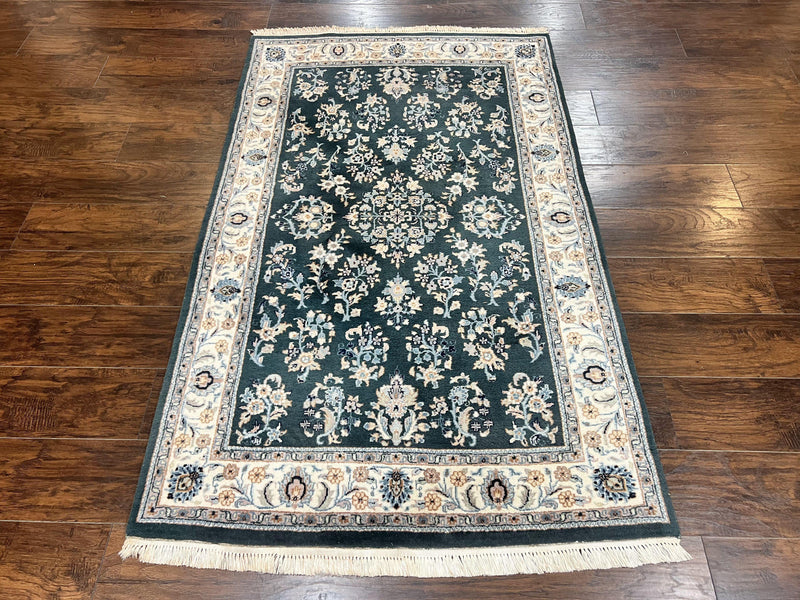 Green Indo Persian Rug 4x6, Floral Allover, Handmade Vintage Oriental Carpet, Sarouk Rug, Wool by Jewel Rugs