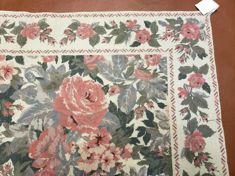 5x8 Needlepoint Rug 5' 4" x 8' 3" Wool Flat Weave Floral New Unused Carpet English Design Ivory Large Pink Flowers Green Leaves Hand-Knotted by Jewel Rugs