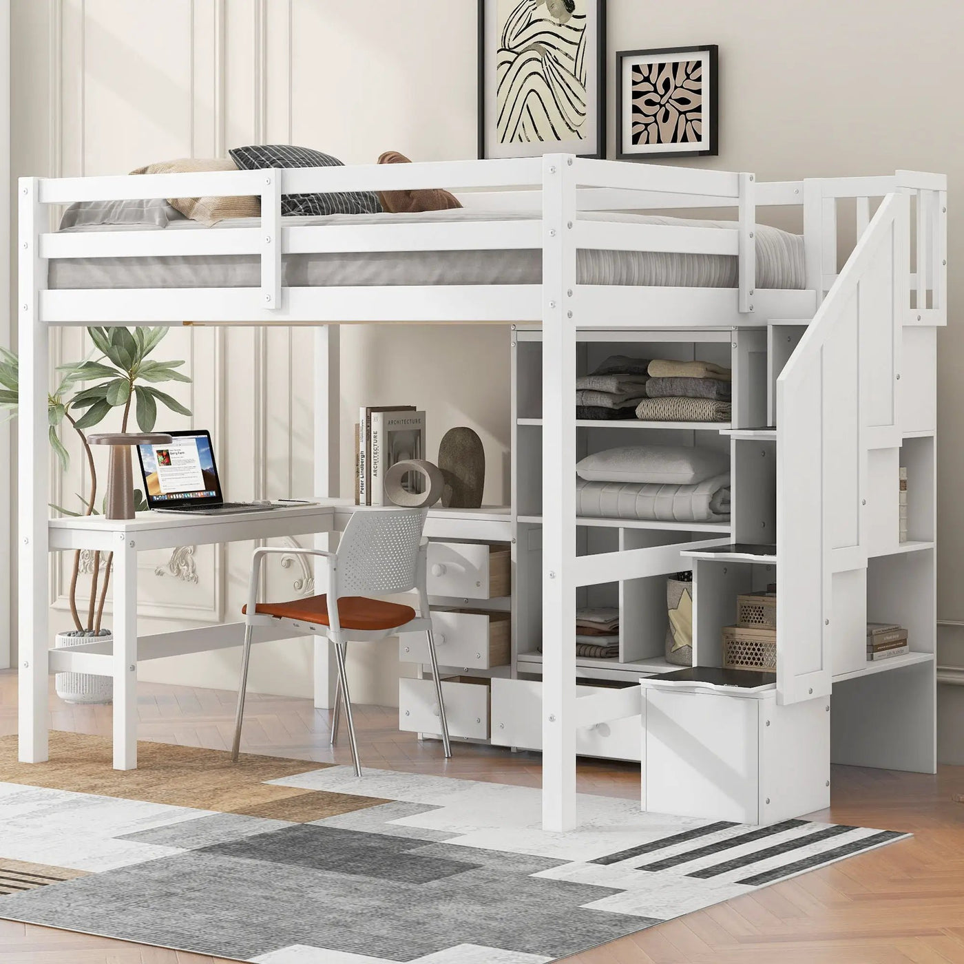 Loft Bed & L Shaped Desk, Drawers, Cabinet, And Storage Staircase by HouseOfZazla