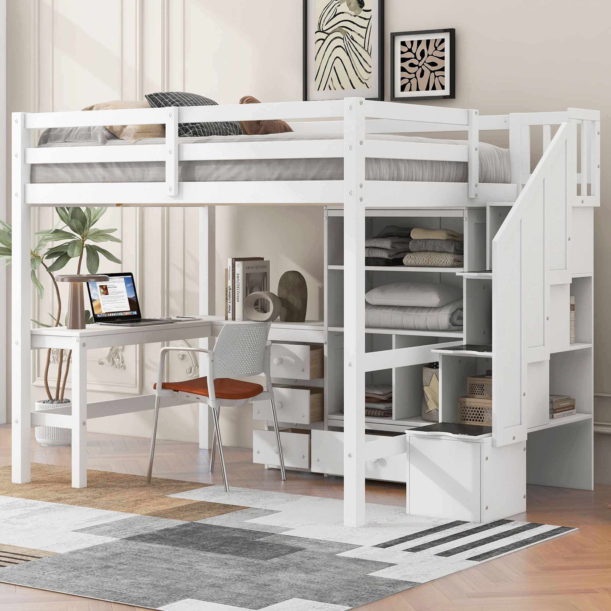 Loft Bed & L Shaped Desk, Drawers, Cabinet, And Storage Staircase by HouseOfZazla