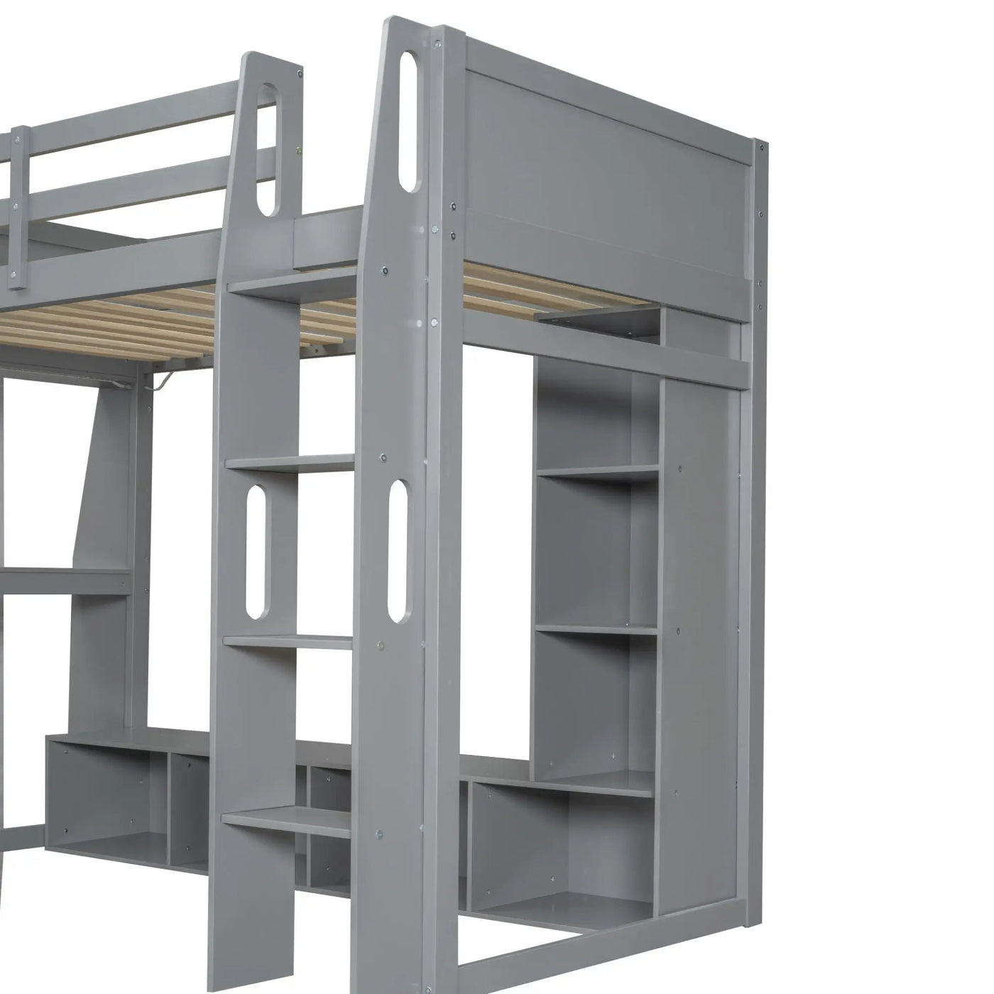 Gaming Loft Bed With Desk, Multi Storage Shelves, LED Lighting, And Hanging Clothes Rack by HouseOfZazla