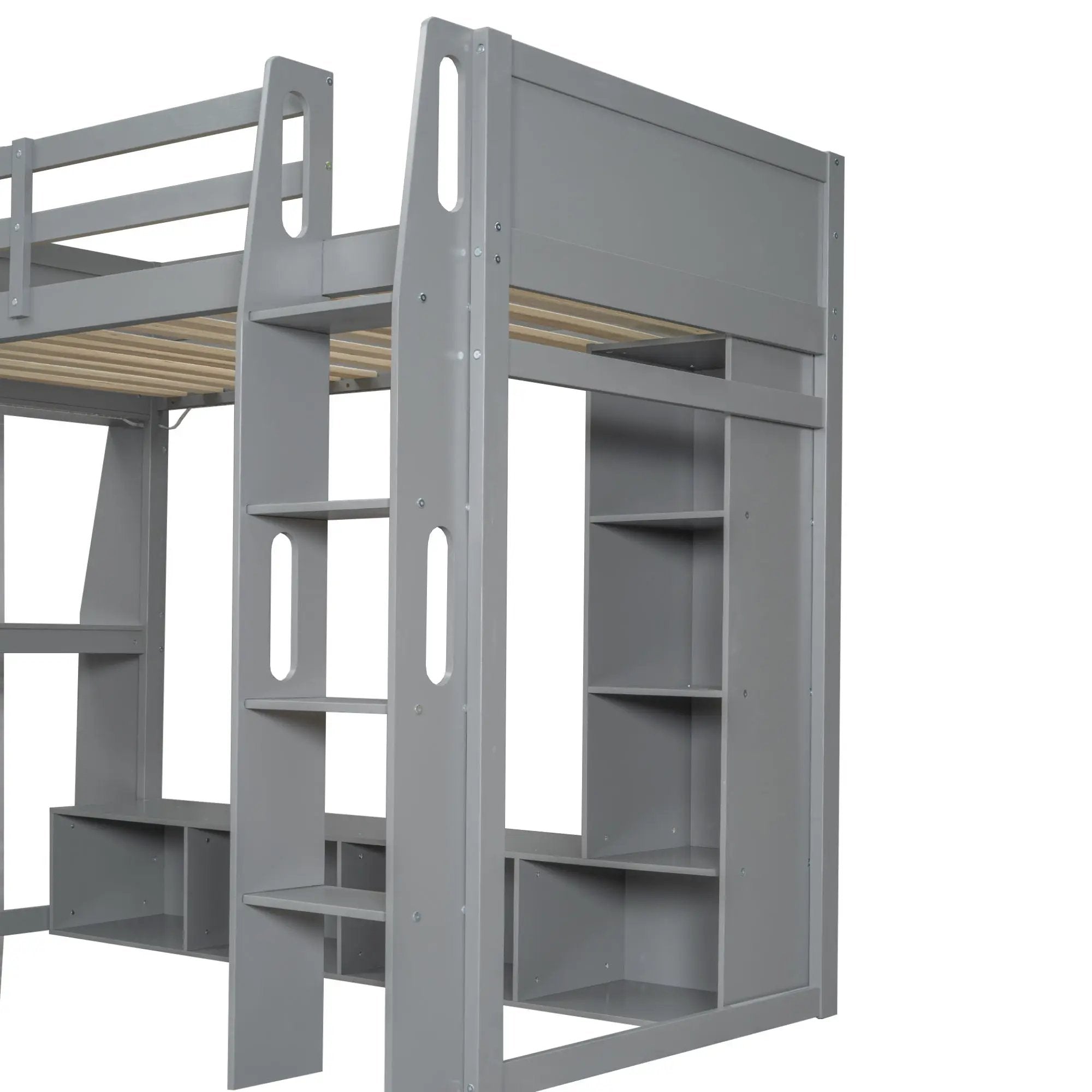 Gaming Loft Bed With Desk, Multi Storage Shelves, LED Lighting, And Hanging Clothes Rack by HouseOfZazla
