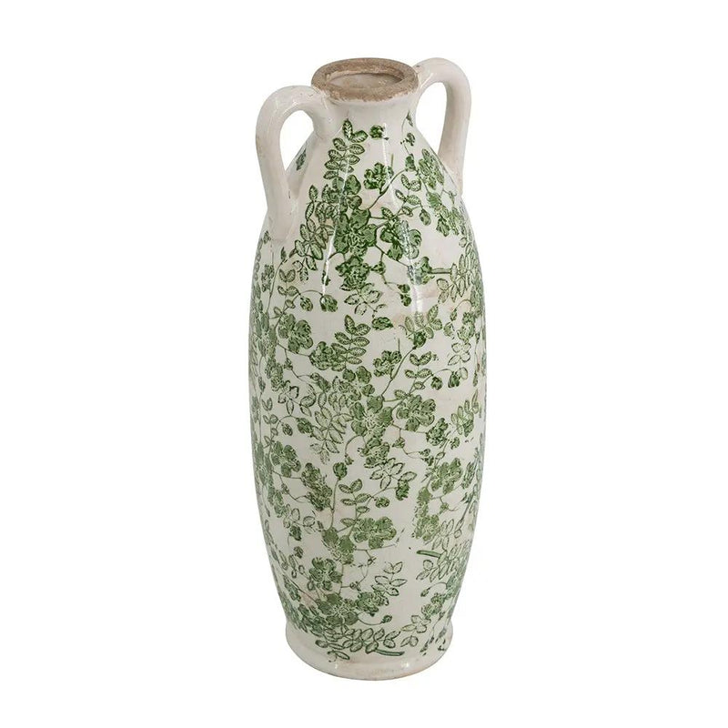 5.9x5.9x15.6' White Ceramic Flower Vase with Green Floral Pattern and Small Handles by HouseOfZazla