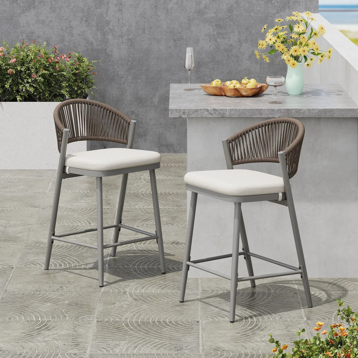 Outdoor 26" Counter Height Metal Frame Counter Stools With Scallop Shaped Backrest & Water Resistant Cushions by HouseOfZazla