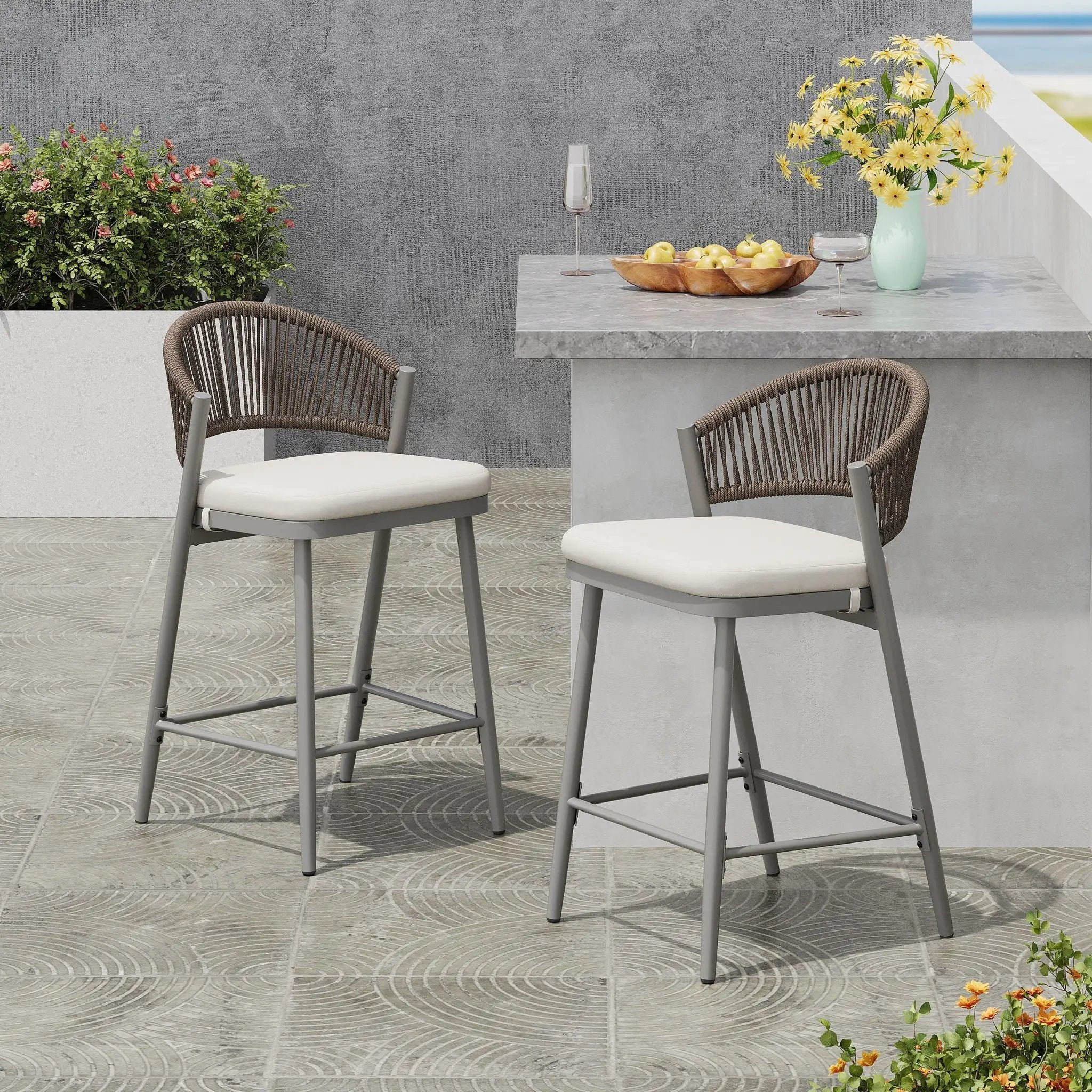 Outdoor 26" Counter Height Metal Frame Counter Stools With Scallop Shaped Backrest & Water Resistant Cushions by HouseOfZazla