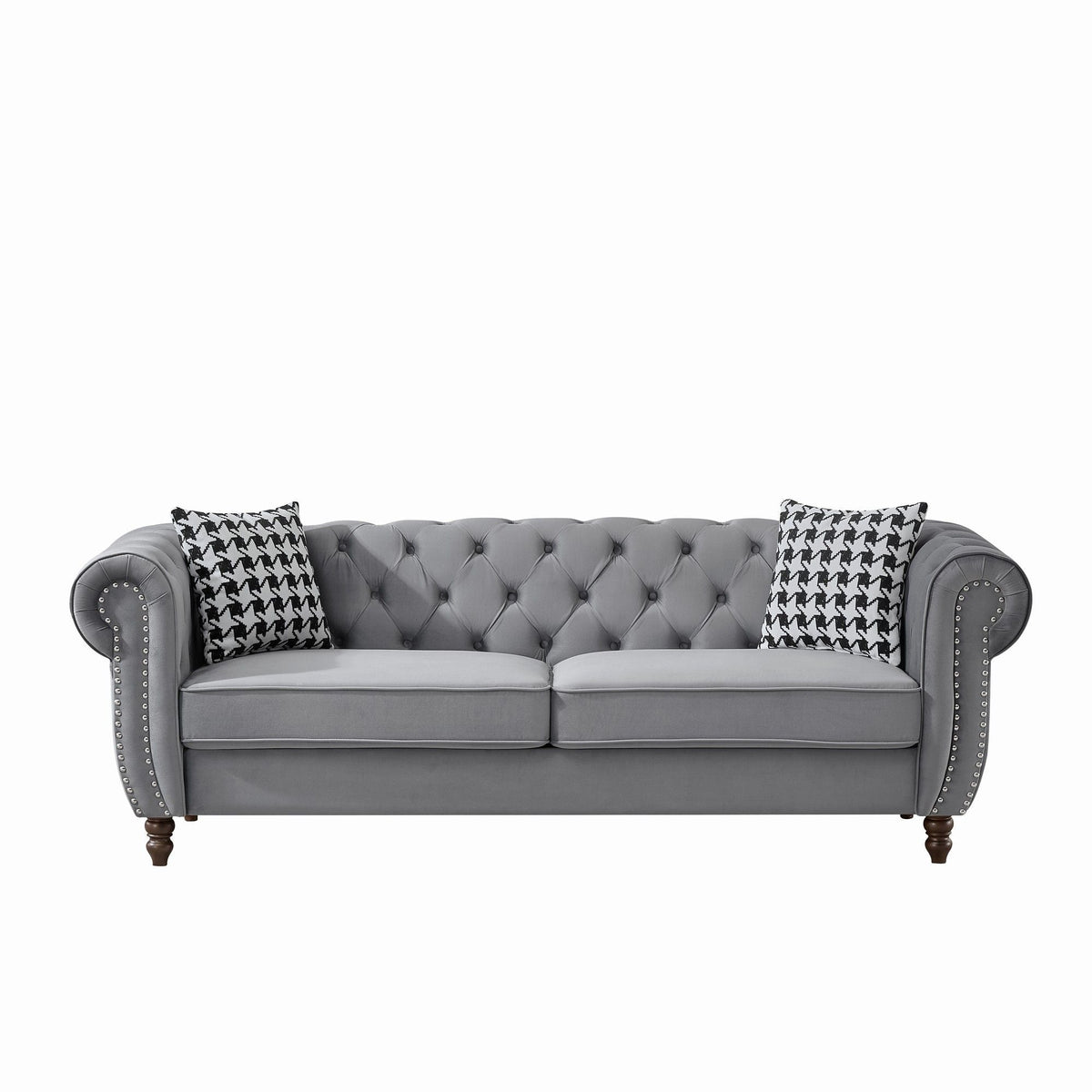 Chesterfield Upholstery Fabric Sofa with Roll Armrest & Nailhead – Dark Gray or Black, photo 2 of 8