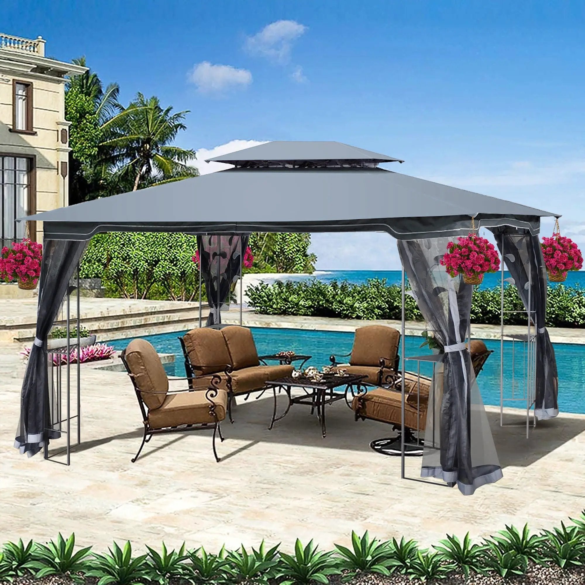 Patio Gazebo Tent With Ventilated Double Roof And Mosquito Net For Backyard Or Garden by Unique Piece Furniture