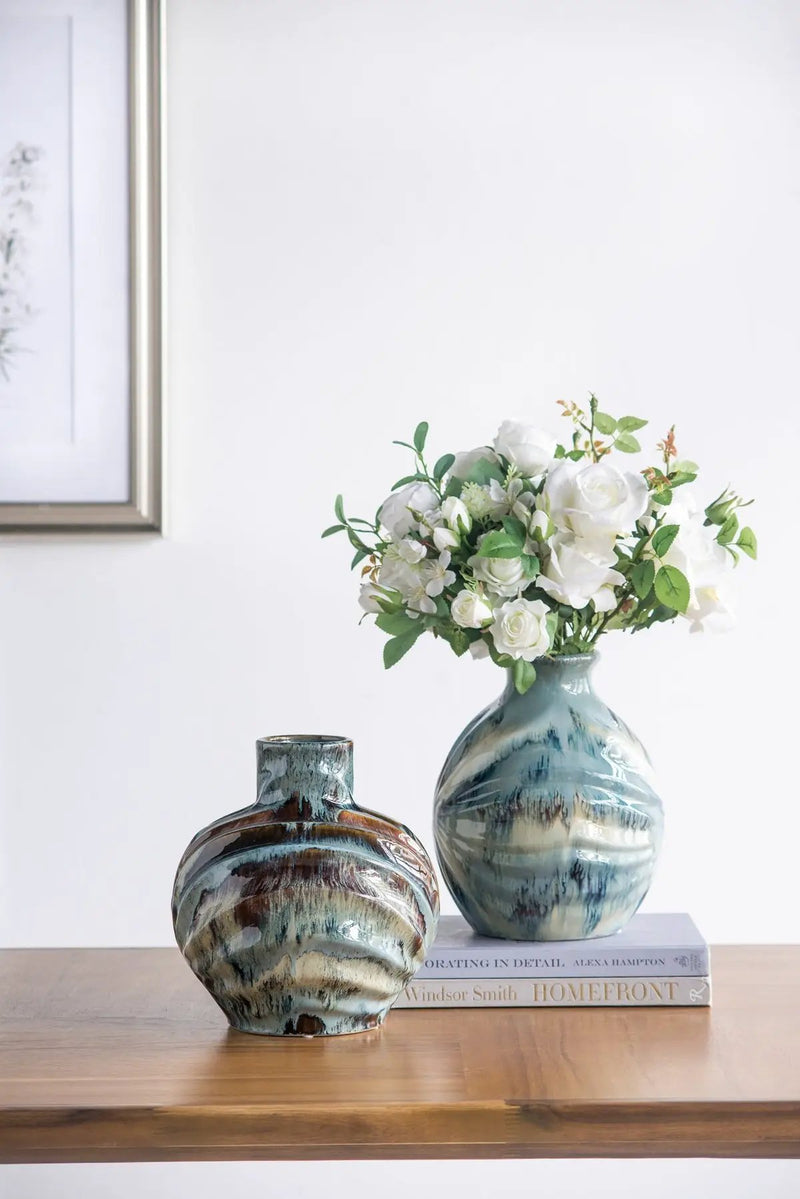 9.4x9.4x11" Blue and Brown Reactive Glazed Accent Vase by HouseOfZazla