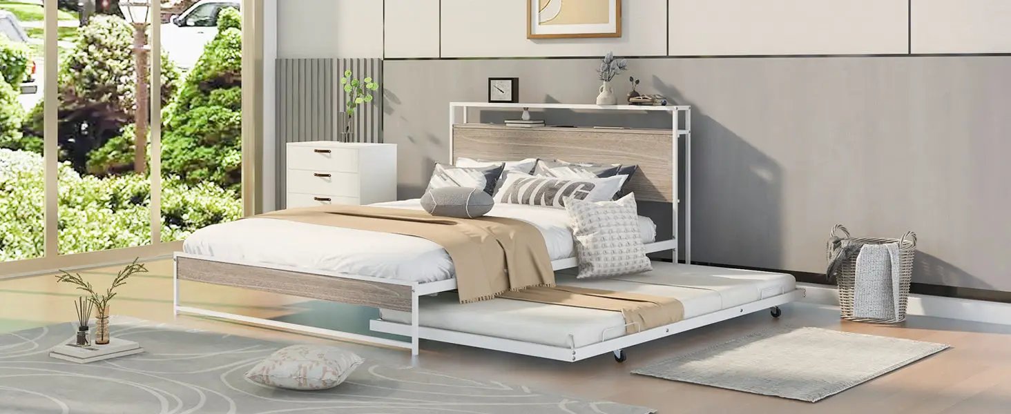 Platform Bed Frame With Trundle, USB Ports And Slat Support, No Box Spring Needed by HouseOfZazla