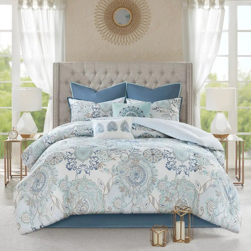 8 Piece Cotton Floral Printed Reversible Comforter Set Blue by HouseOfZazla