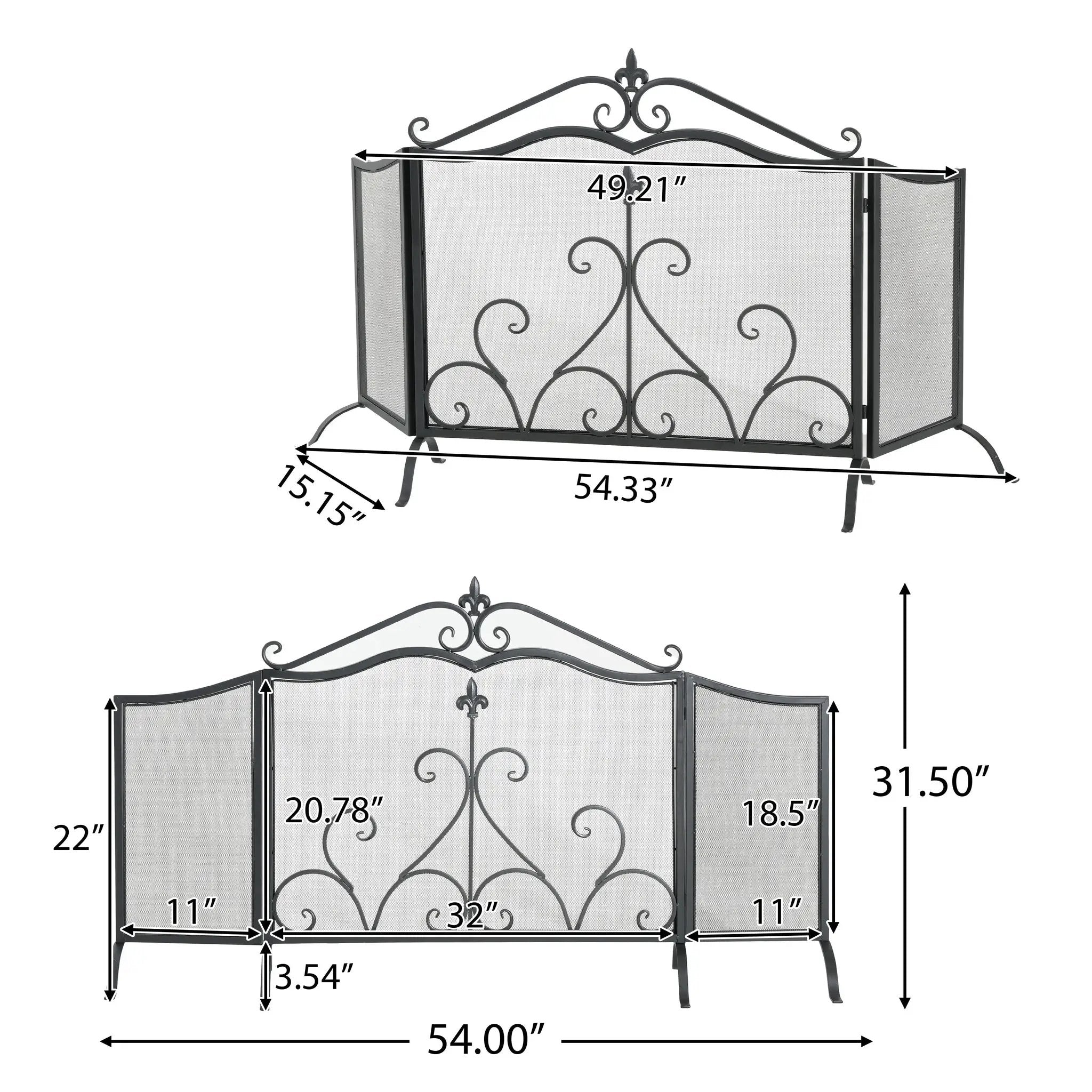 Onyx 3-Panel Iron Fireplace Screen 54" x 31.5" by HouseOfZazla